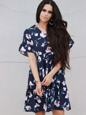 Nursing Queen Navy Floral Tiered Nursing Dress with Pink Blooms Size 2X